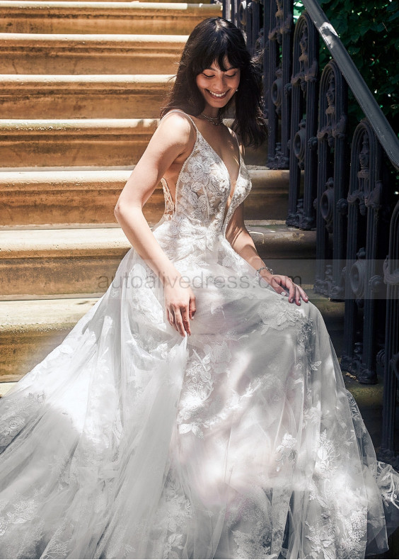 Ivory Glitter Lace Tulle Deep V Back Elegant Wedding Dress Ivory Glitter Lace Tulle Deep V Back Elegant Wedding Dress